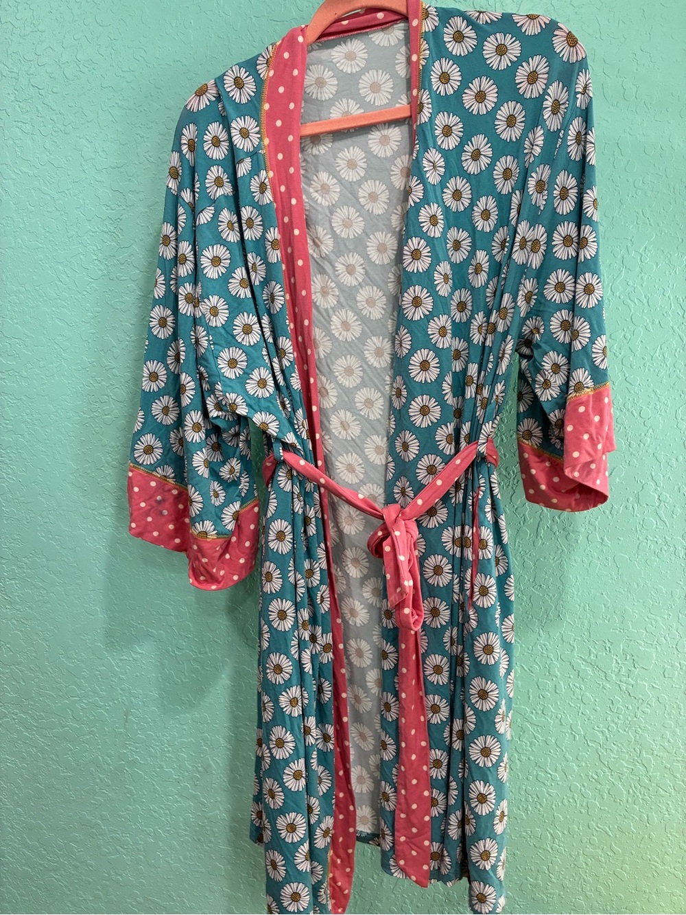 Matilda Jane Teal Daisy Robe with Pink Polka Dot Trim L boho comfy